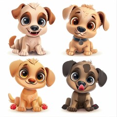 Cute funny cartoon dogs, 3d realistic puppy pet pictogram, dogs set on white background