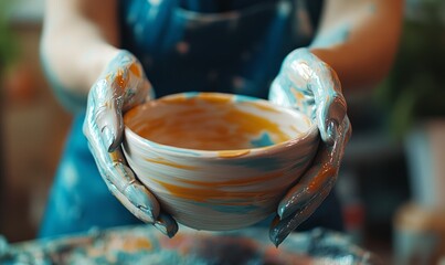 learning color painting her self-made pottery at home.