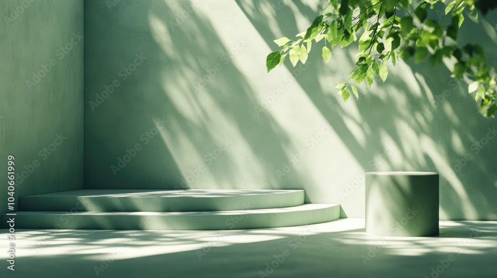 Poster 3d rendering of an abstract green background featuring an empty stage with steps and a cylindrical p