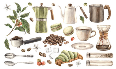Coffee, beans, geyser coffee maker, coffee cup and croissant. Set of watercolor hand illustrations, teapot, milk jug, filter, sugar, spoon. For branding of shops, cafes and menus, coffee packaging