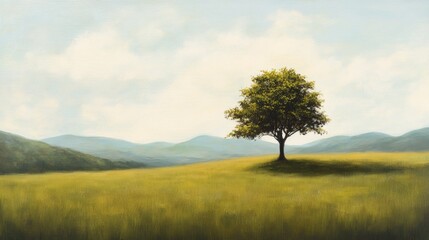 Obraz premium Oil painting depicting a serene silhouette of a lone tree in a beautiful meadow landscape symbolizing spiritual healing and tranquility