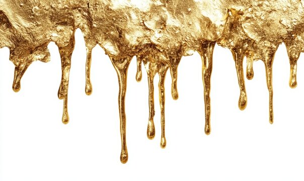 Liquid gold paint dripping down isolated on white background