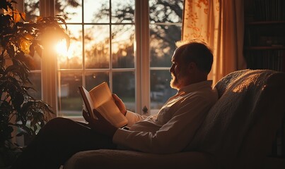 A middle-aged man reads a book by the window in a cozy living room filled with natural light during a peaceful morning