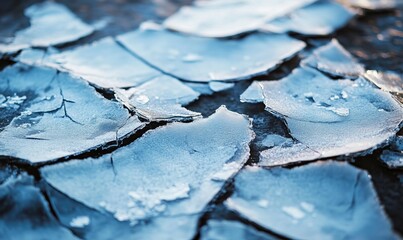 A broken, jagged surface with ice and snow