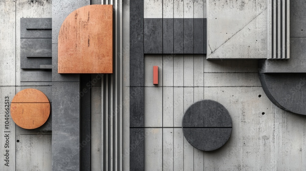 Poster geometric shapes arranged on a gray concrete surface an abstract design showcasing architectural ele