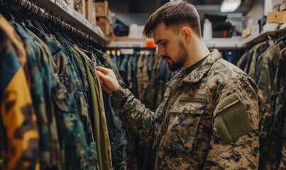 Fototapeta premium Military man choosing camouflage clothes in army store