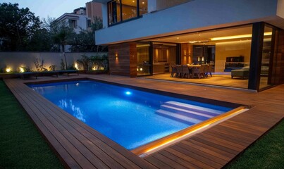 Fototapeta premium Modern wooden decking with lighting surrounding a backyard swimming pool