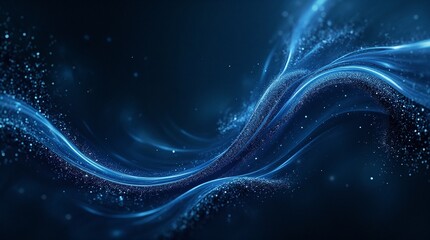 An abstract background with a swirling pattern of blue and black shades with smooth wavy lines that create a sense of movement and depth.