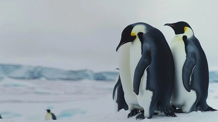 Obraz premium A group of emperor penguins huddling together on the Antarctic ice, surrounded by a snowy expanse and icy blue waters in the distance