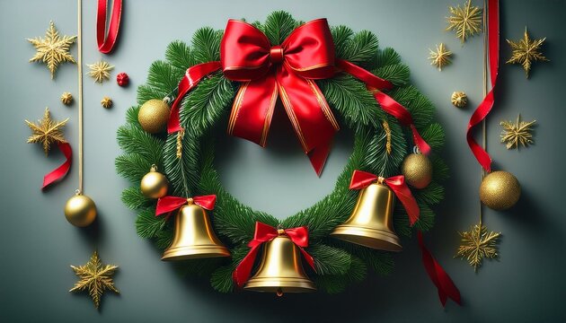 緑のクリスマスリースに、赤いリボンやゴールドのベルが飾られたデザイン