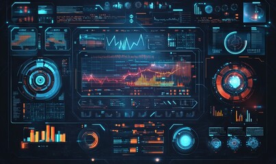 Modern cyberspace with UI and HUD. Modern Business Background with graphic, charts, infographic, big data and indicators. Modern Economics and Big Data Analysis. HUD business background