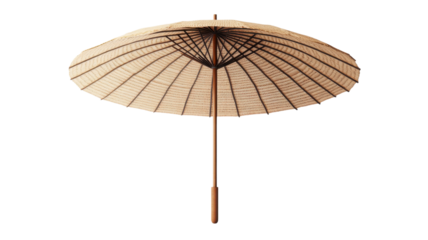 A beautiful traditional umbrella featuring a wooden handle and an intricate design, perfect for capturing elegance and style isolated on transparent background.
