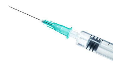 Close-up of a syringe with a green needle, ideal for medical, health, and vaccination themes isolated on transparent background.