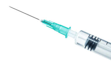 Close-up of a syringe with a green needle, ideal for medical, health, and vaccination themes isolated on transparent background.