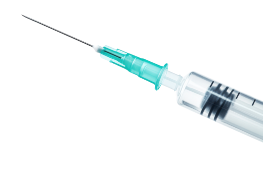 Close-up of a syringe with a green needle, ideal for medical, health, and vaccination themes isolated on transparent background. - Powered by Adobe