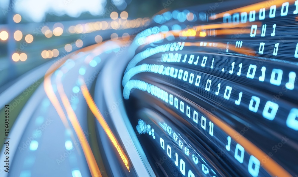 Poster 3d rendering of a binary tunnel with led leading lights. concept for data mining, big data visualiza