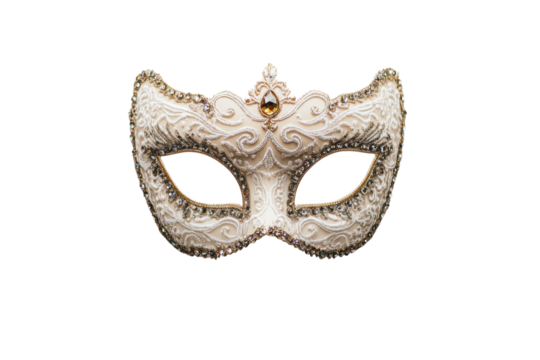 Elegant white masquerade mask with intricate designs, perfect for themed parties, events, and celebrations isolated on transparent background.