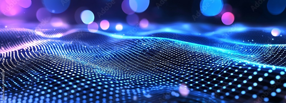 Poster blue abstract background with falling cyber particles. 3d rendering of big data.