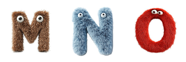 Letter M, N and O. Puppet Alphabet and Letters, childlike font. PNG. Transparent