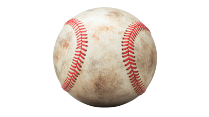 A classic, dirty baseball showcasing its textured surface and iconic red stitching, perfect for sports-themed designs or articles isolated on transparent background.