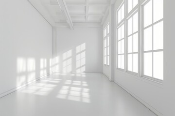 Empty White Room Background, Clean Blank Interior Mockup, Empty Space with Windows