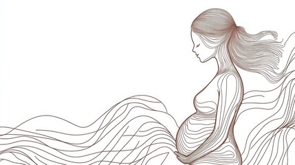 Continuous line art illustration of a pregnant woman embodying themes of maternity and care during prenatal and birth stages Hand drawn contour on a white background