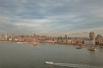 Fototapeta premium New York City skyline. Manhattan Skyscrapers in NYC, panorama from drone.