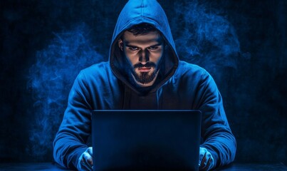 Hacker is using dark background laptop. Young man in hood doing online robbery.
