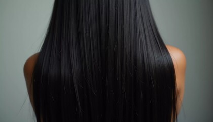 Fototapeta premium Smooth, straight black hair flows elegantly down back, highlighting its healthy shine and uniform color, illuminated by soft lighting, creating striking look. Hair care, the effect of cosmetics. AI