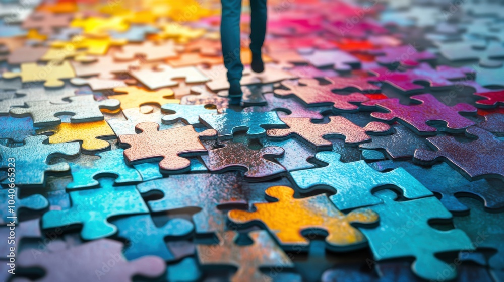 Poster A vibrant depiction of a person walking on a path made of puzzle pieces, with some pieces missing or misplaced, symbolizing the ongoing process of finding one’s place and purpose in modern life