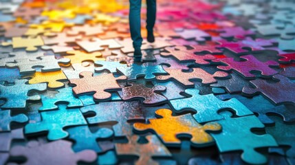 A vibrant depiction of a person walking on a path made of puzzle pieces, with some pieces missing or misplaced, symbolizing the ongoing process of finding one’s place and purpose in modern life