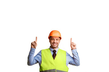 Look Up. Professional Builder Worker Pointing Fingers Upward Smiling To Camera Posing On White Studio Background. Construction Worker Advertising Building Service Concept. Panorama