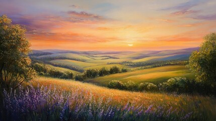 Obraz premium Oil painting depicting a panoramic view of a countryside landscape at sunset featuring vibrant springtime fields rolling hills and serene rural scenery