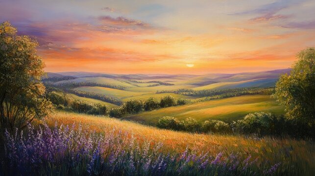 Oil painting depicting a panoramic view of a countryside landscape at sunset featuring vibrant springtime fields rolling hills and serene rural scenery