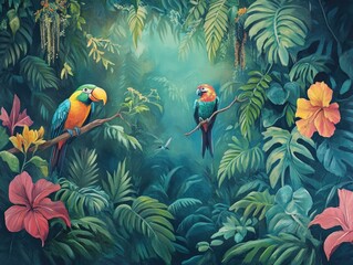 Painting of a vibrant tropical jungle featuring exotic birds lush leaves and colorful flowers ideal for digital printing as wallpaper