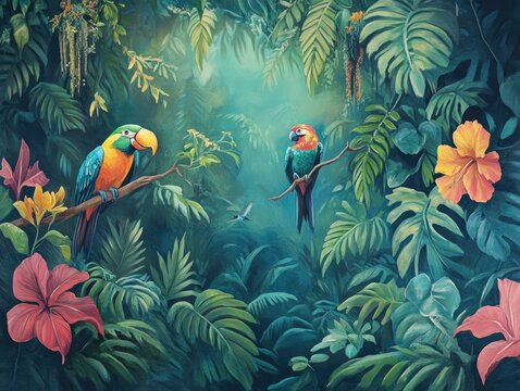Painting of a vibrant tropical jungle featuring exotic birds lush leaves and colorful flowers ideal for digital printing as wallpaper