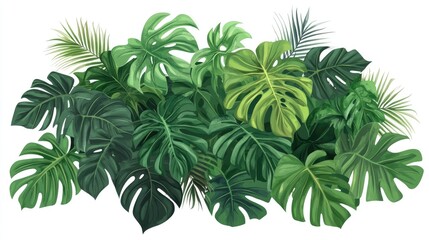 Obraz premium Dense arrangement of lush green tropical plants featuring an array of leaves isolated against a white background