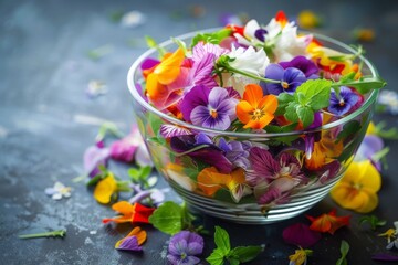 Flower Salad, Edible Flowers Dish, Color Fresh Salat in Bowl, Copy Space