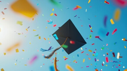 A vibrant scene of graduation season with a cap tossed into the air and colorful confetti falling, Academic setting, Joyful style