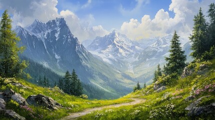 Obraz premium Oil painting of a summer alpine landscape featuring majestic mountain scenery and lush greenery