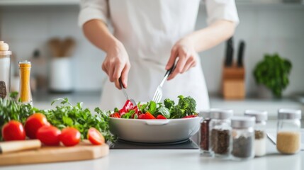 A dietitian preparing a personalized meal plan with fresh ingredients in a bright kitchen, with nutrition guides and recipe cards visible, Healthy style