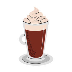 Irish coffee, frappuccino. Cute coffee on a saucer. Vector illustration in flat style. White isolated background.
