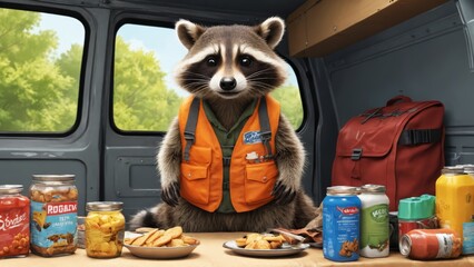 A raccoon in a bright vest enjoying snacks in a cozy van surrounded by nature's bounty