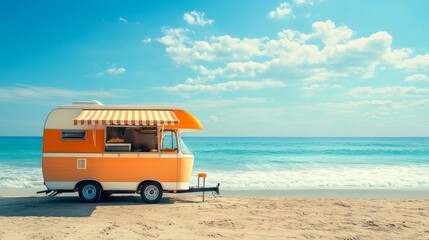 A horizontal template with copy space, a caravan on the beach, and a fast food truck surfing