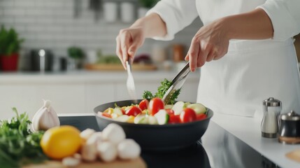 A dietitian providing a cooking demonstration with healthy ingredients and recipes in a modern kitchen, with cooking utensils and nutrition guides visible, Practical style
