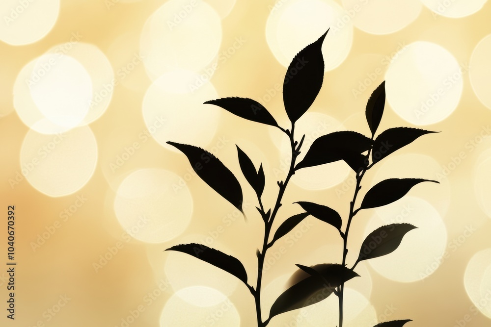 Poster a delicate silhouette of a tea leaf stands out against a soft golden bokeh background, evoking calmn
