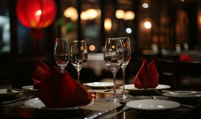 Elegant dining setup in asian fusion restaurant