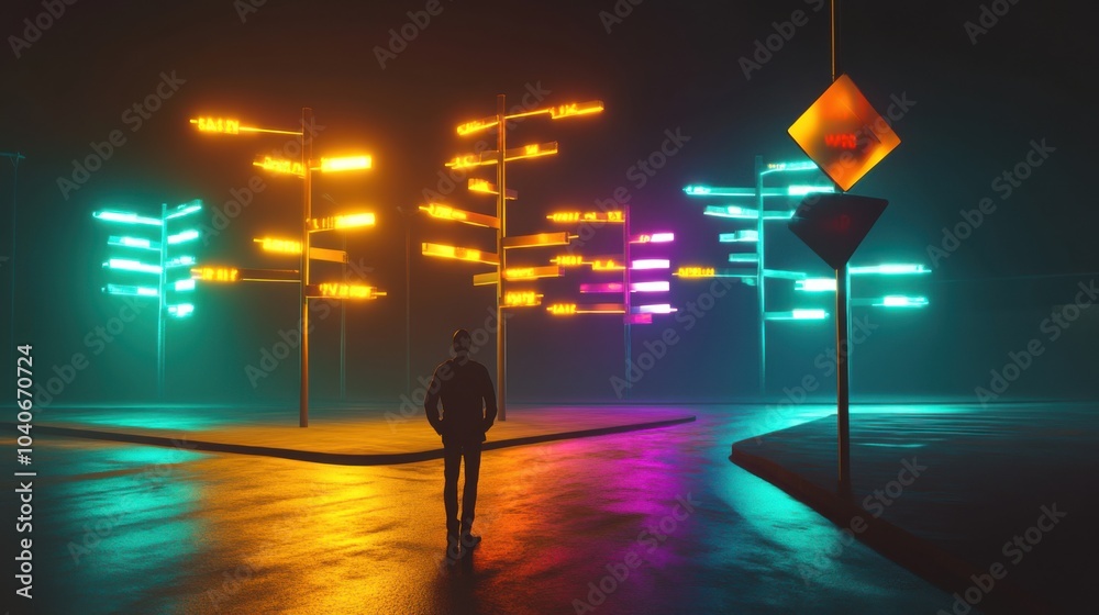 Poster a vivid representation of a person standing at a crossroads with multiple brightly lit signs pointin