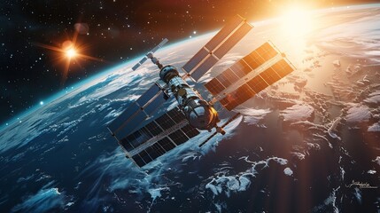 A high-resolution image of a futuristic space station orbiting Earth, with solar panels and docking modules illuminated by the sunlight