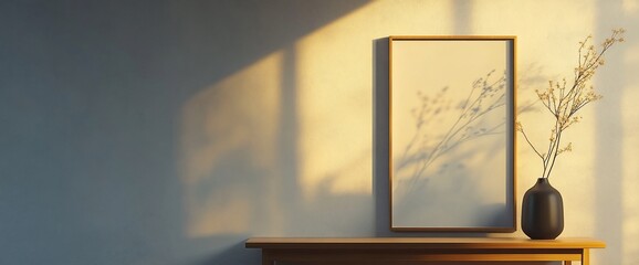 A framed artwork with a vase of dried flowers sits on a wooden table against a light wall.